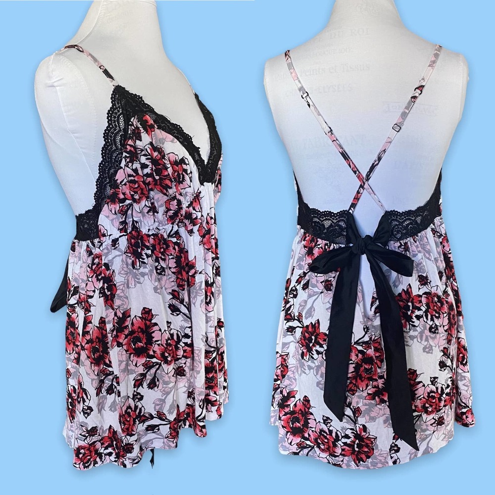 Cacique Sexy Black/Pink Floral Chemise 18/20 Babydoll Lingerie Sleep Cami